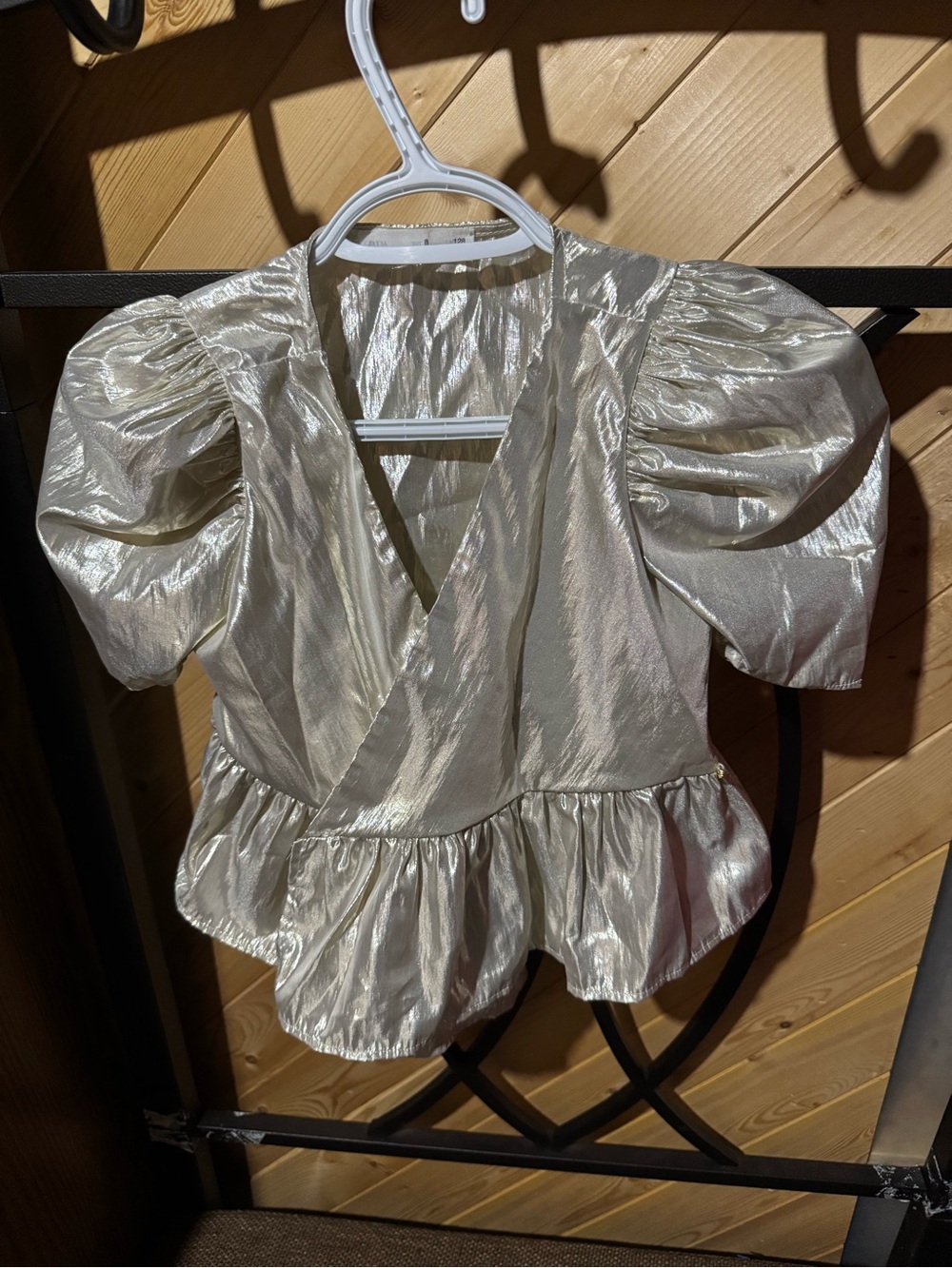 Zara Metallic Ivory Puff-Sleeve Wrap Blouse